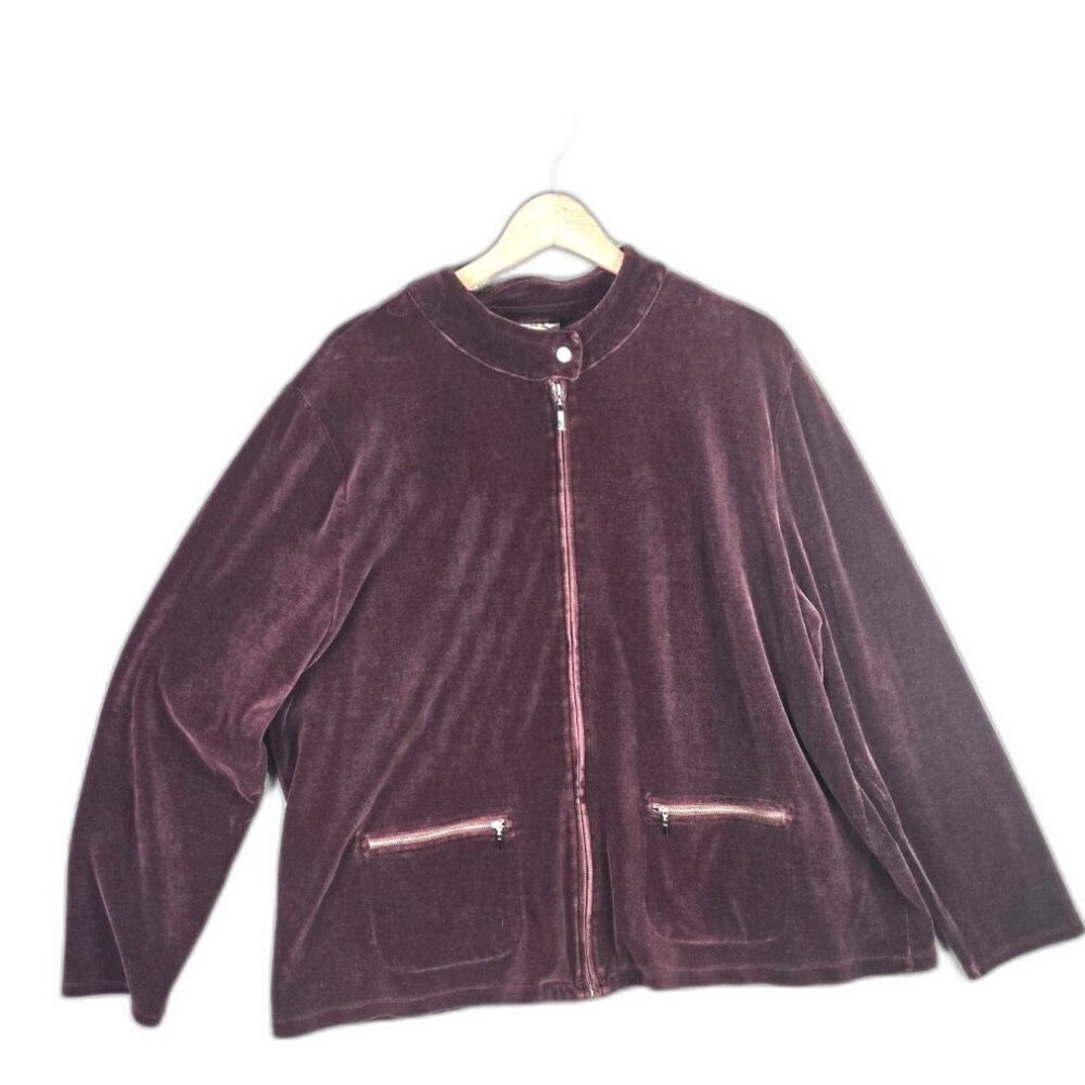 Talbots Zip Jacket 3X Burgundy Velvet Mock Neck Zip Pockets Cozy Velour